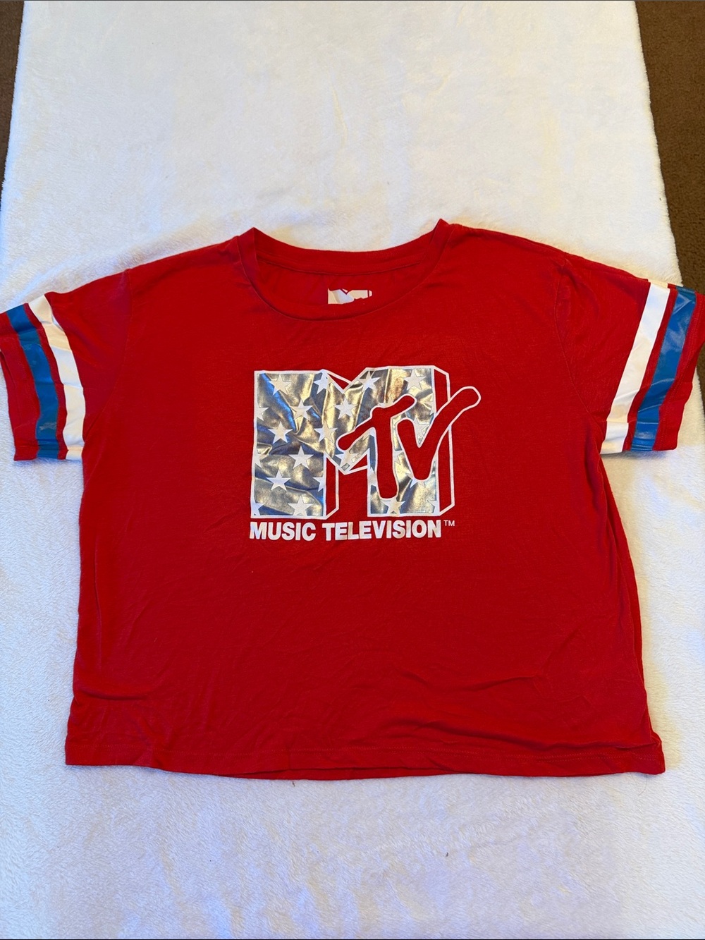 MTV Red Graphic Tee with Flag Logo and Blue-Trim Sleeves